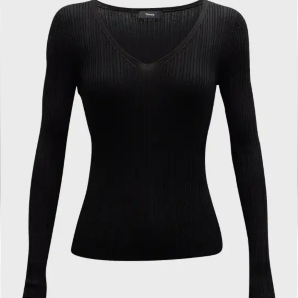 NWT Theory Black Long Sleeve Ribbed V-neck Top